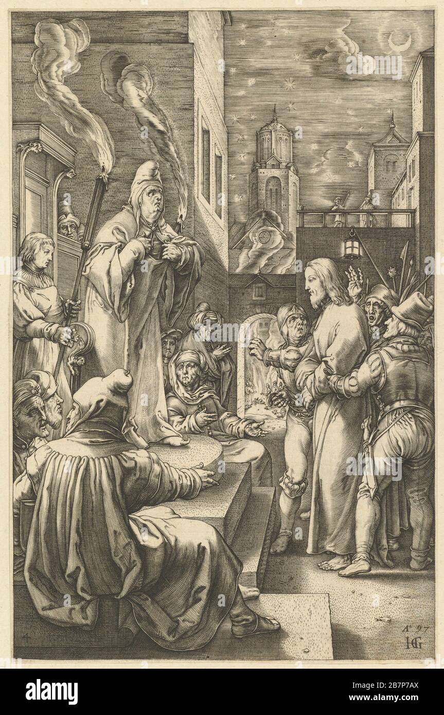 Christ Before Caiaphas, from The Passion of Christ, ca. 1598-1617.  After Hendrick Goltzius Stock Photo