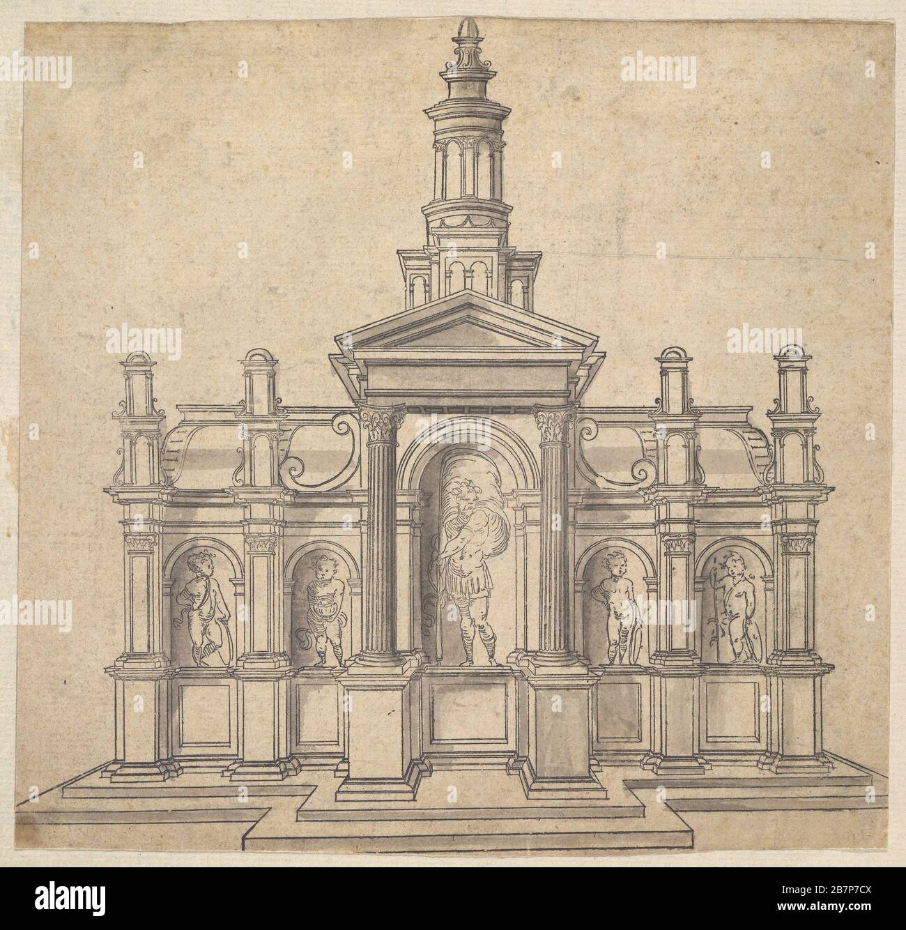 Architecturally-Shaped Tabernacle with a Saint and Four Putti, ca. 1530-49.  Previously attributed to Jacques Androuet Du Cerceau Stock Photo