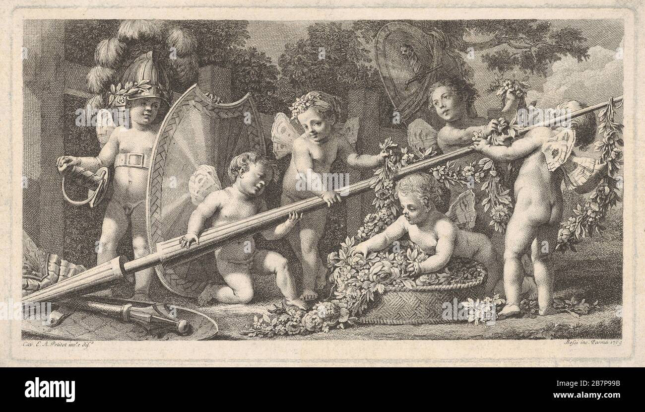 Six putti playing with the arms of Mars, four holding onto a large lance, one on the left wearing a helmet and a sword belt, holding a shield upright, and one placing a garland of flowers and leaves in a basket at right, 1769. After Ennemond Alexandre Petitot Stock Photo