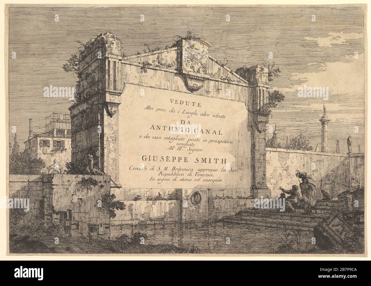 Title plate of 'Vedute altre prese da i luoghi altre ideate', with title and publication information inscribed into a wall plaque at the edge of a canal, 1735-46. Stock Photo