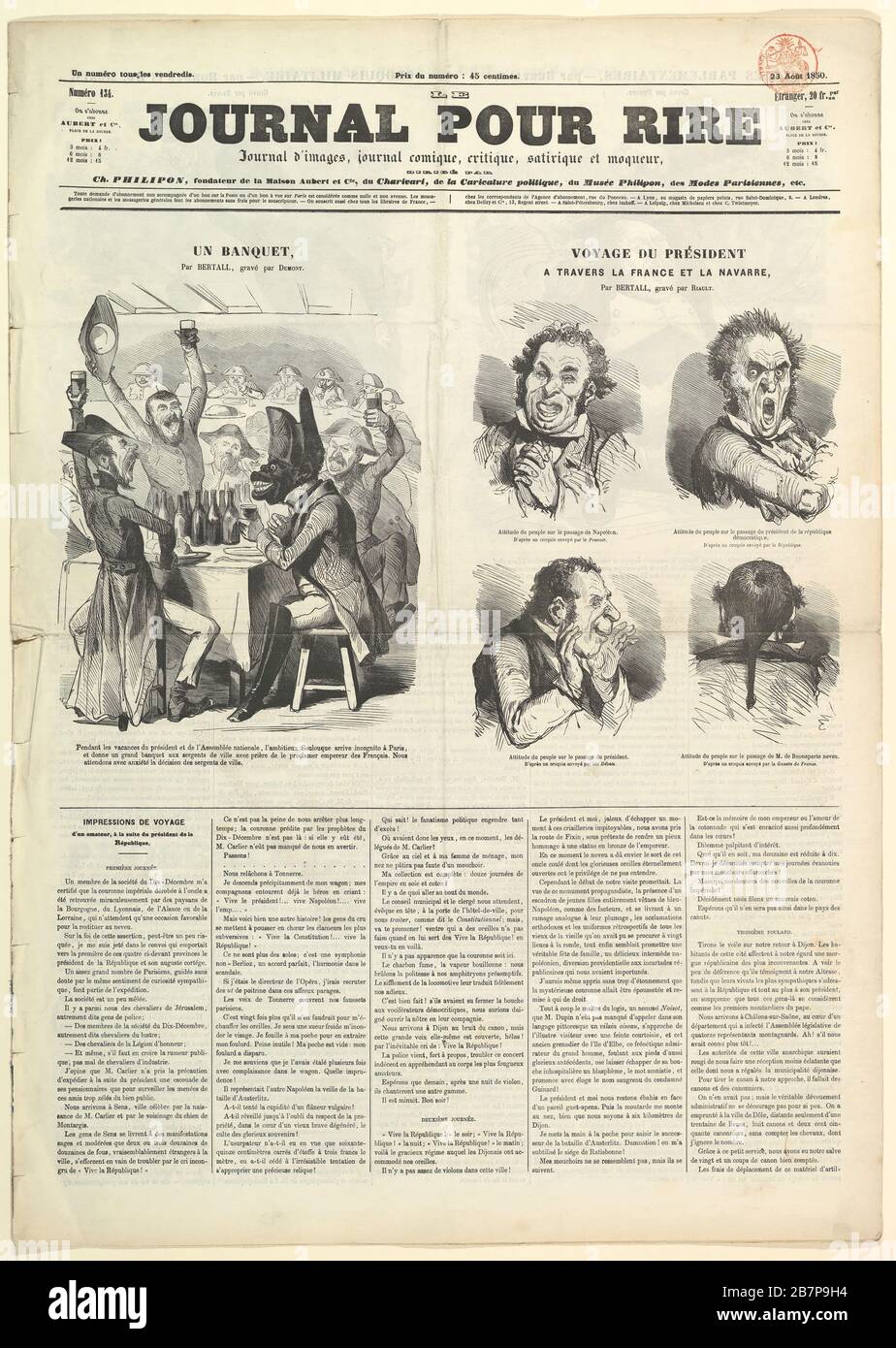 Le Journal Pour Rire, Journal d'Iimages, Journal Comique, Critique, Satirique et Moqueur, August 23, 1850, August 23, 1850. Stock Photo