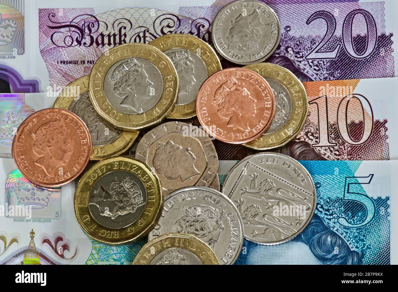 Bank of England £5, £10, £20 polymer banknotes and loose change Stock