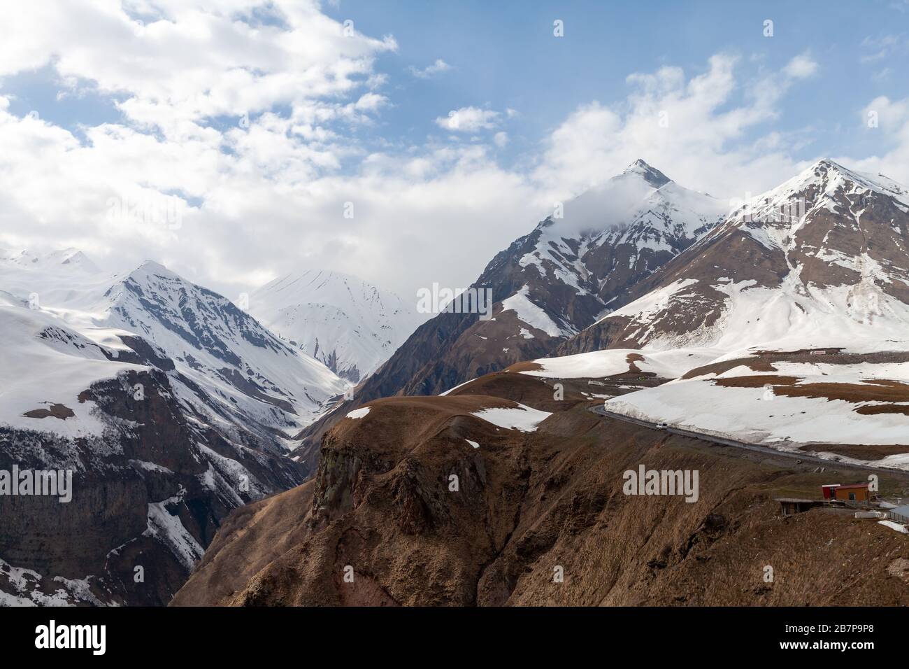 Caucasus Mountain landscape with Georgian Military Highway. Gudauri, Georgia Stock Photo