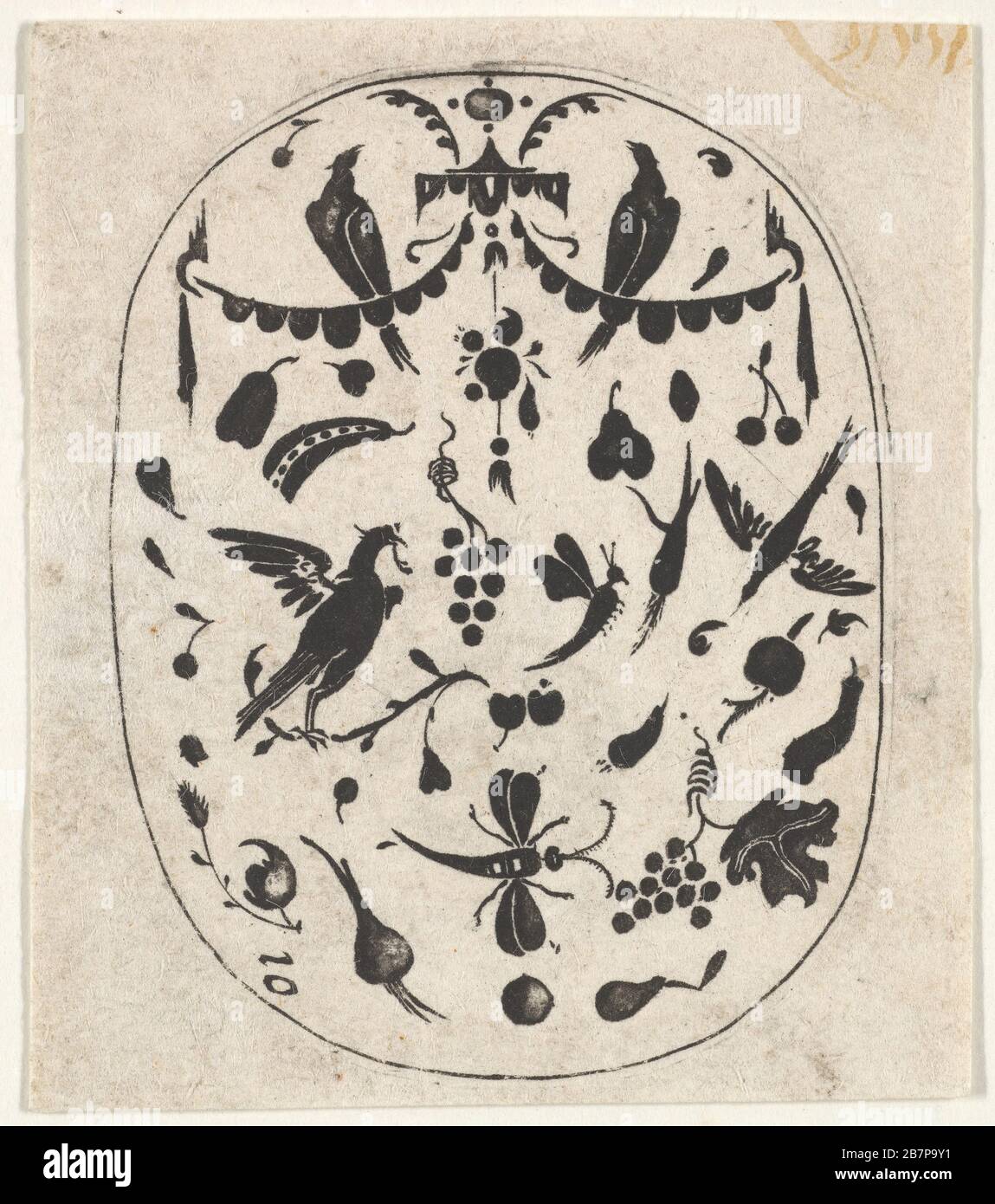 Oval Blackwork Print with Birds, Insects and Fruits, ca. 1620. After Hertzog von Brin Stock Photo