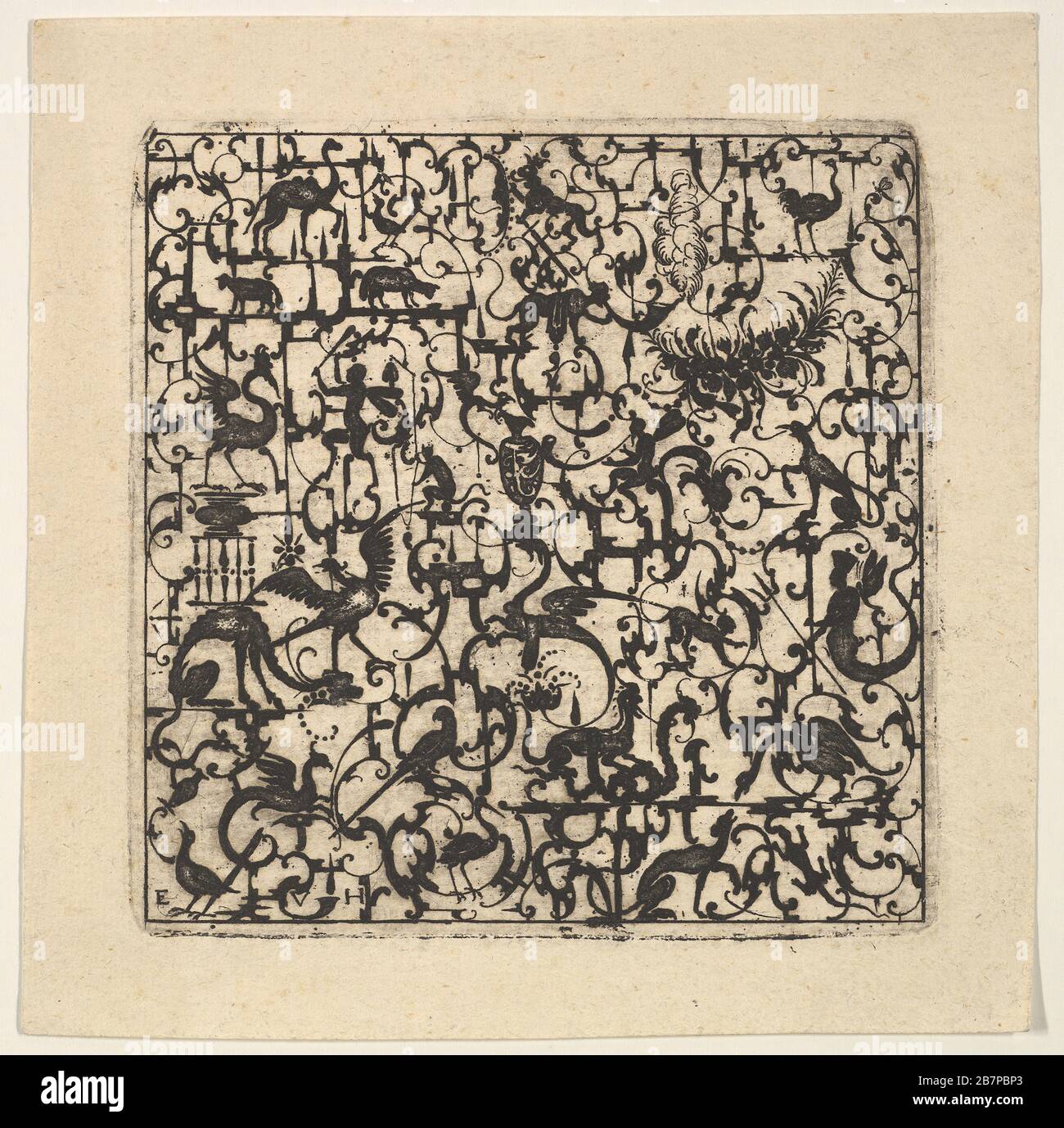 Square Blackwork Design in Silhouette Style with Schweifwerk and Grotesque Figures, 1617. Stock Photo