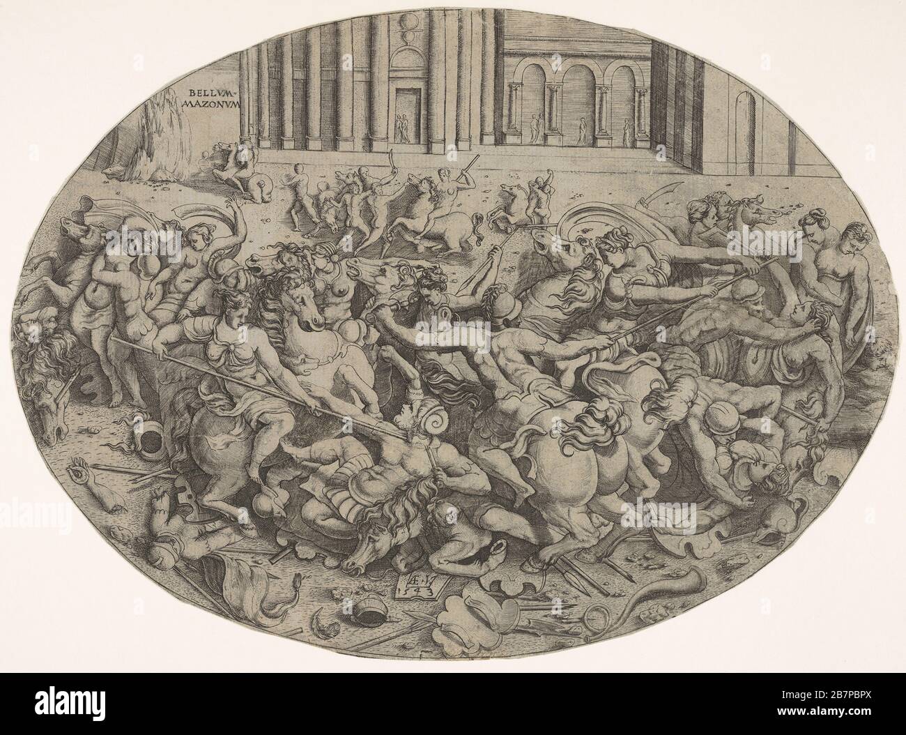 Combat between Amazons and men in front of architectural arcades, an oval composition with weapons, headgear, and bodies strewn along the bottom margin, 1543. Possibly after Perino del Vaga Stock Photo