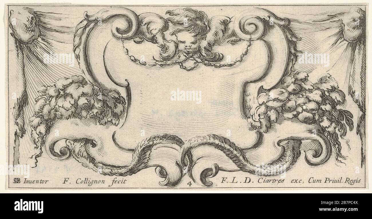 Plate 4: a cartouche with the head of a cherub at top center, leaves and flowers to either side, from 'Twelve cartouches' (Recueil de douze cartouches), ca. 1640-45. After Stefano della Bella Stock Photo