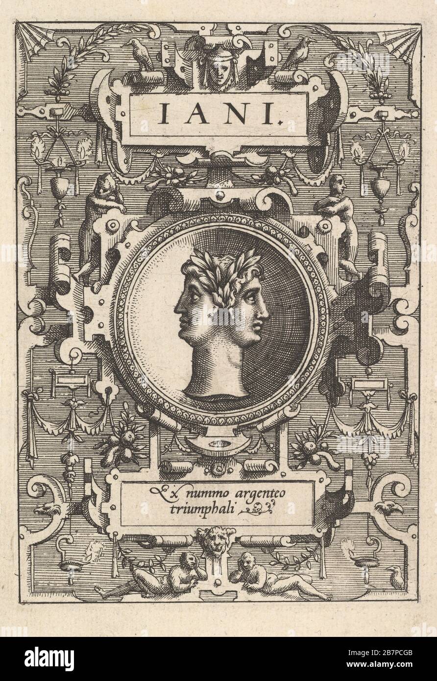 Bust of Janus surrounded by strapwork, from the series 'Deorum dearumque,' a set of images of deities after coins in the collection of Abraham Ortelius, 1573. Stock Photo