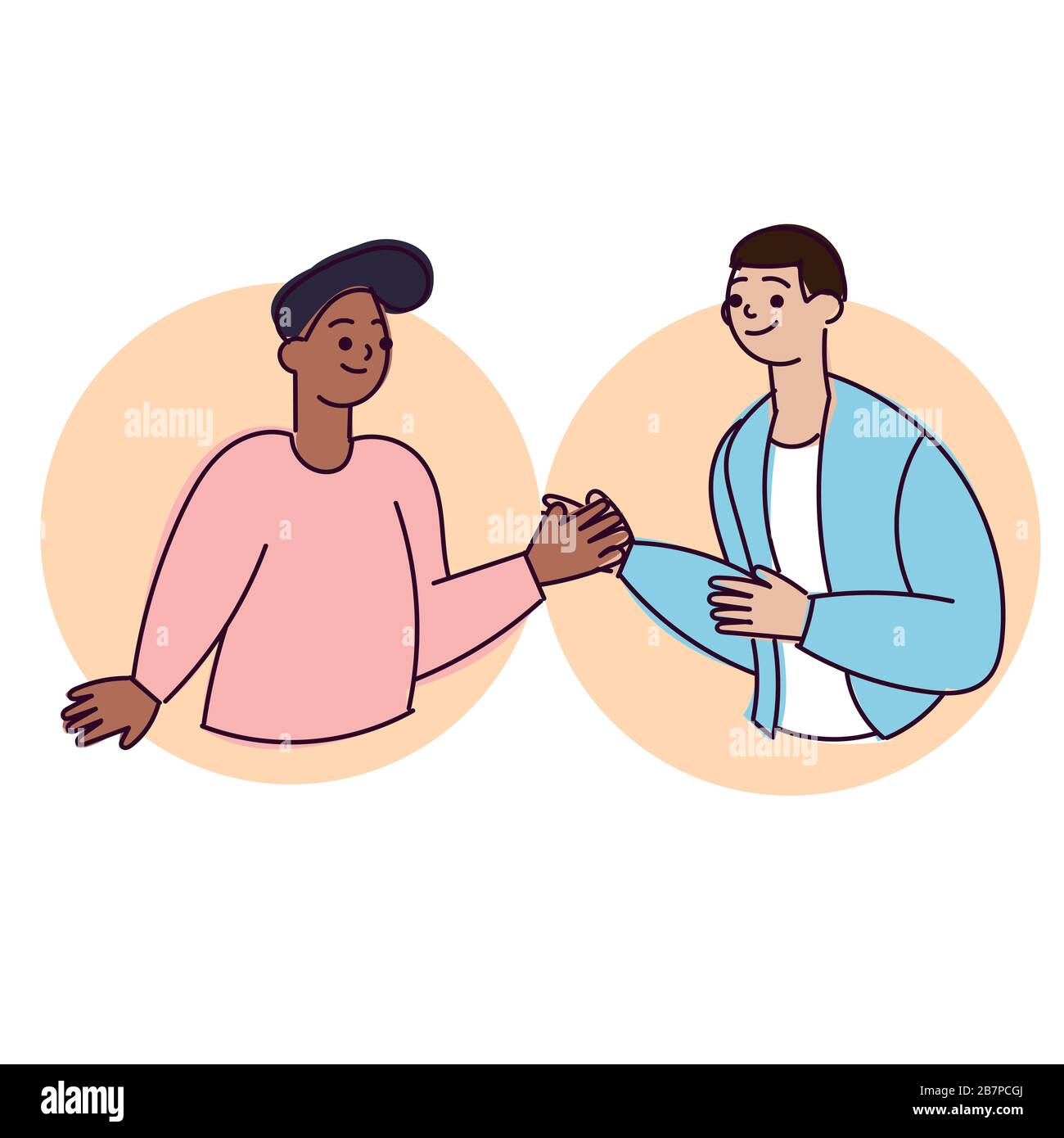 Smiling two cheerful young man waving , touching hands ,clapping hands and say Hello with colleague.Two friends man meeting giving high five. People Stock Vector