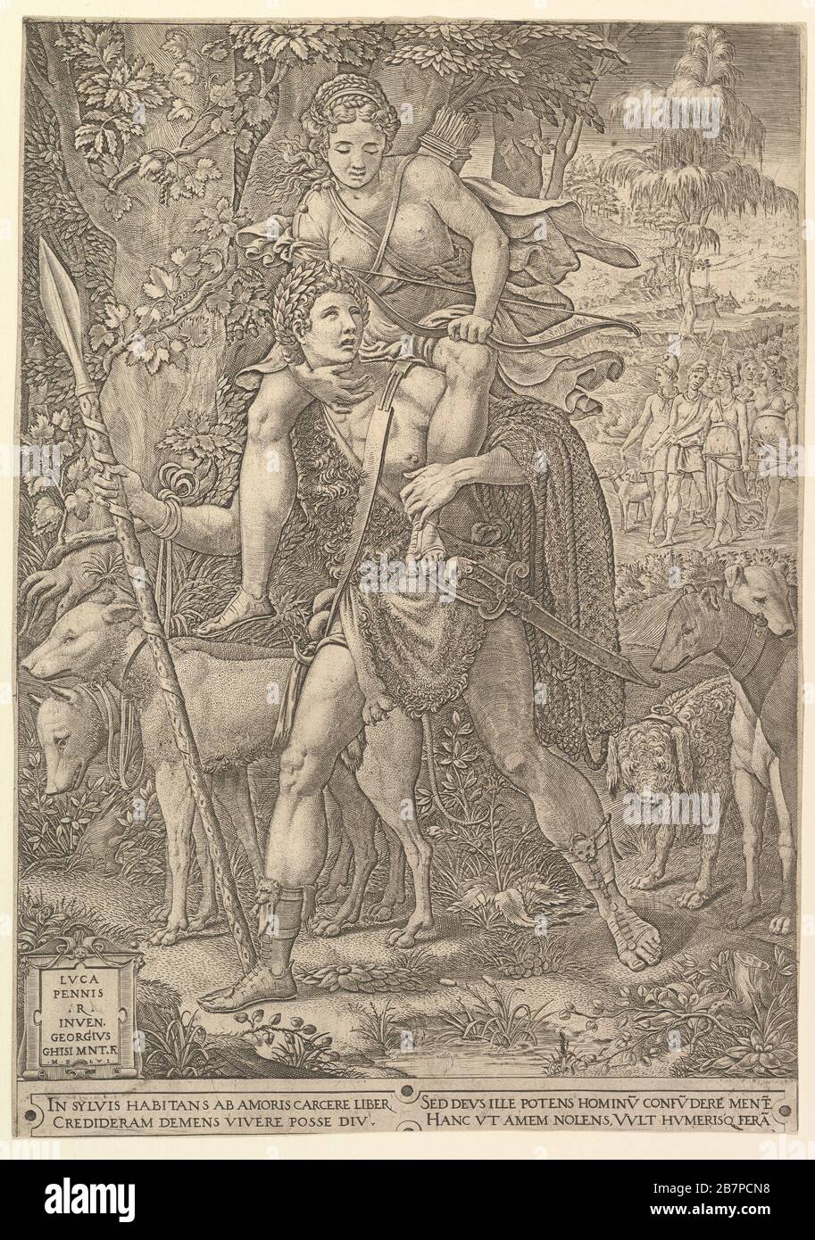 Allegory of the Hunt; a hunter holding a large spear carrying a woman (Diana?) on his shoulders; five hunting dogs in the foreground and a retinue of male and female hunters in the background, 1556. After Luca Penni Stock Photo