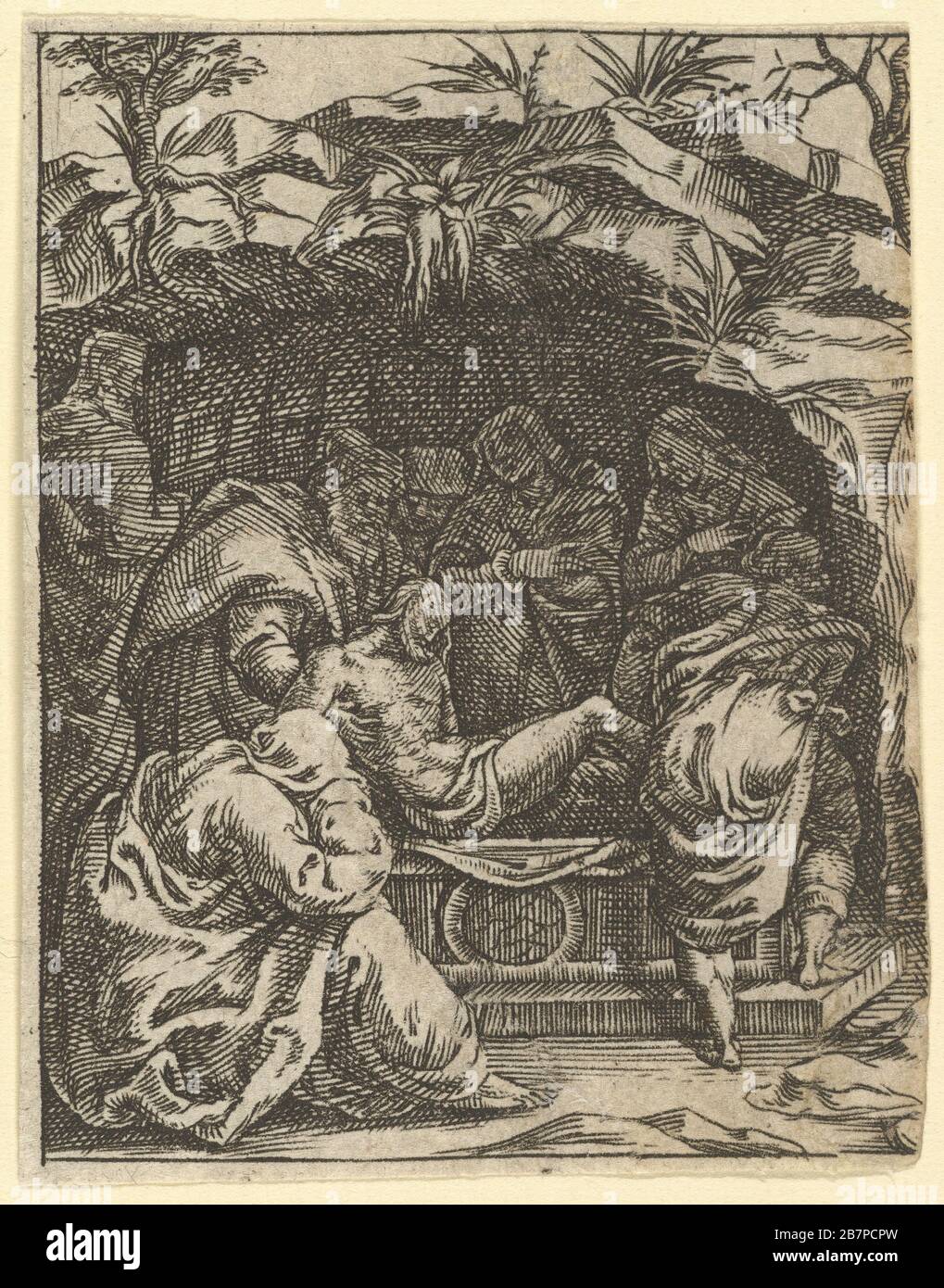 The Virgin of Sorrows: The Entombment; one of nine surrounding compartments from the Virgin of Sorrows, now separated, by 1575. Stock Photo