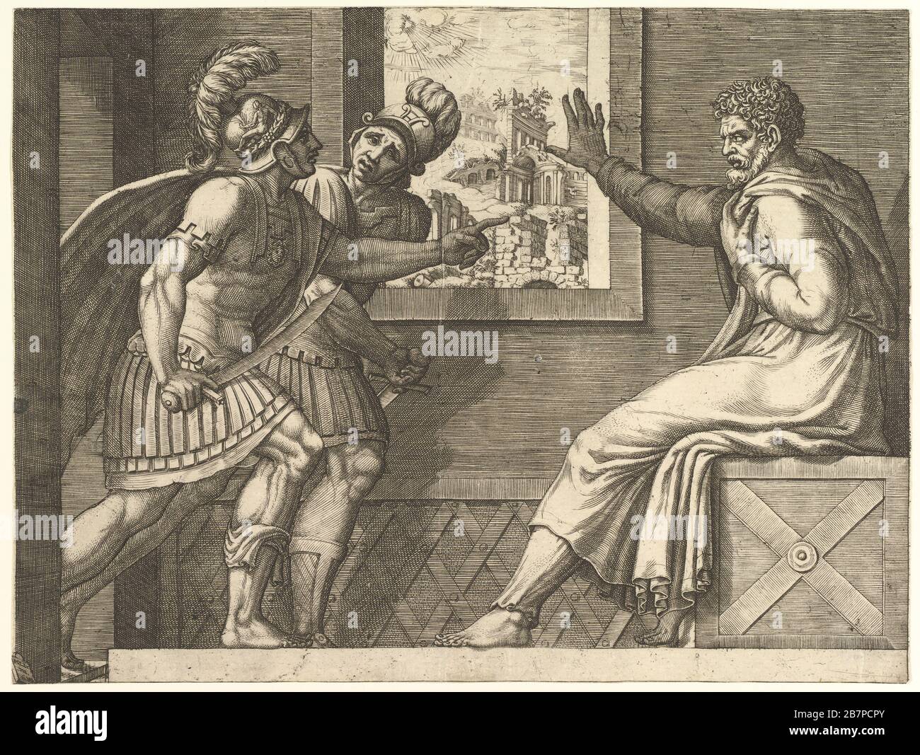 Caius Marius in Prison, two Cimbrian soldiers entering his cell, 1560-69.  Designed by Polidoro da Caravaggio Stock Photo