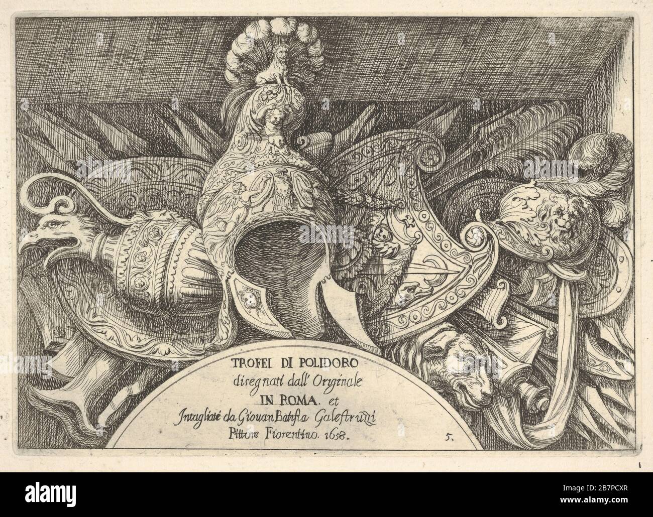Plate 5: trophies of Roman arms from decorations above the windows on the second floor of the Palazzo Milesi in Rome, 1658.  After Polidoro da Caravaggio. Stock Photo