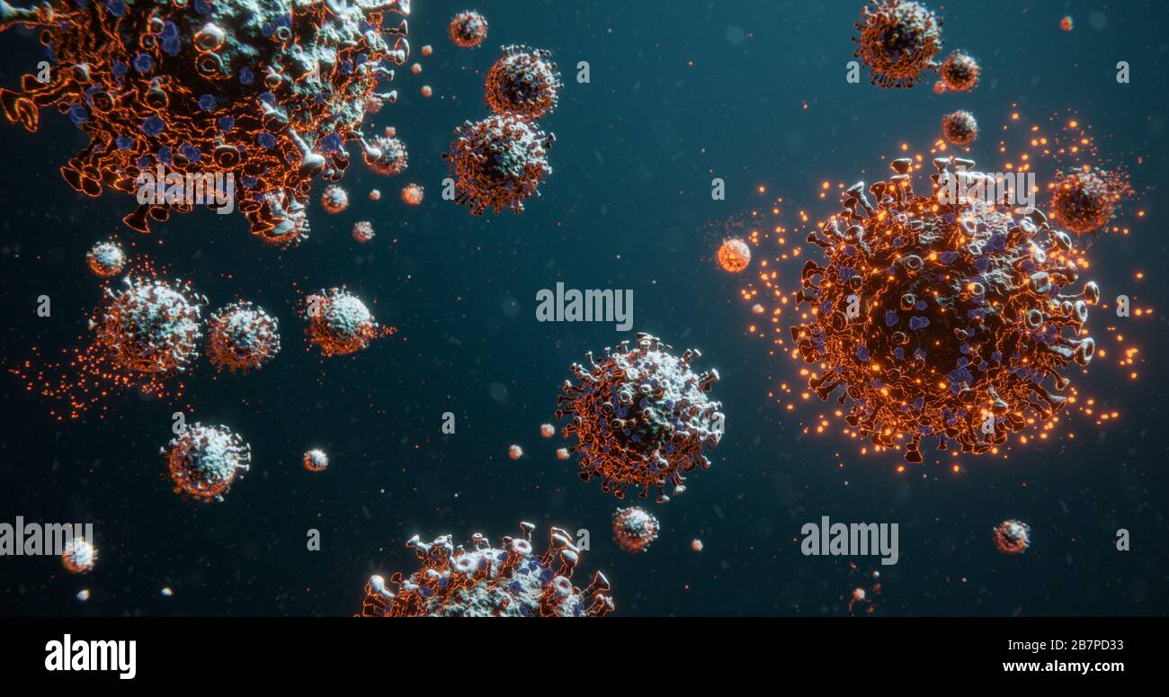 Cluster of Deadly COVID-19 Corona Influenza Virus Bacteria Molecules with Glowing Particles 3D Rendering Stock Photo