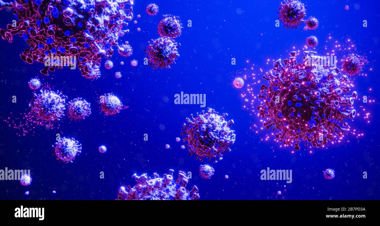 Cluster of Deadly COVID-19 Corona Influenza Virus Bacteria Molecules with Pink Particles Blue Background 3D Rendering Stock Photo