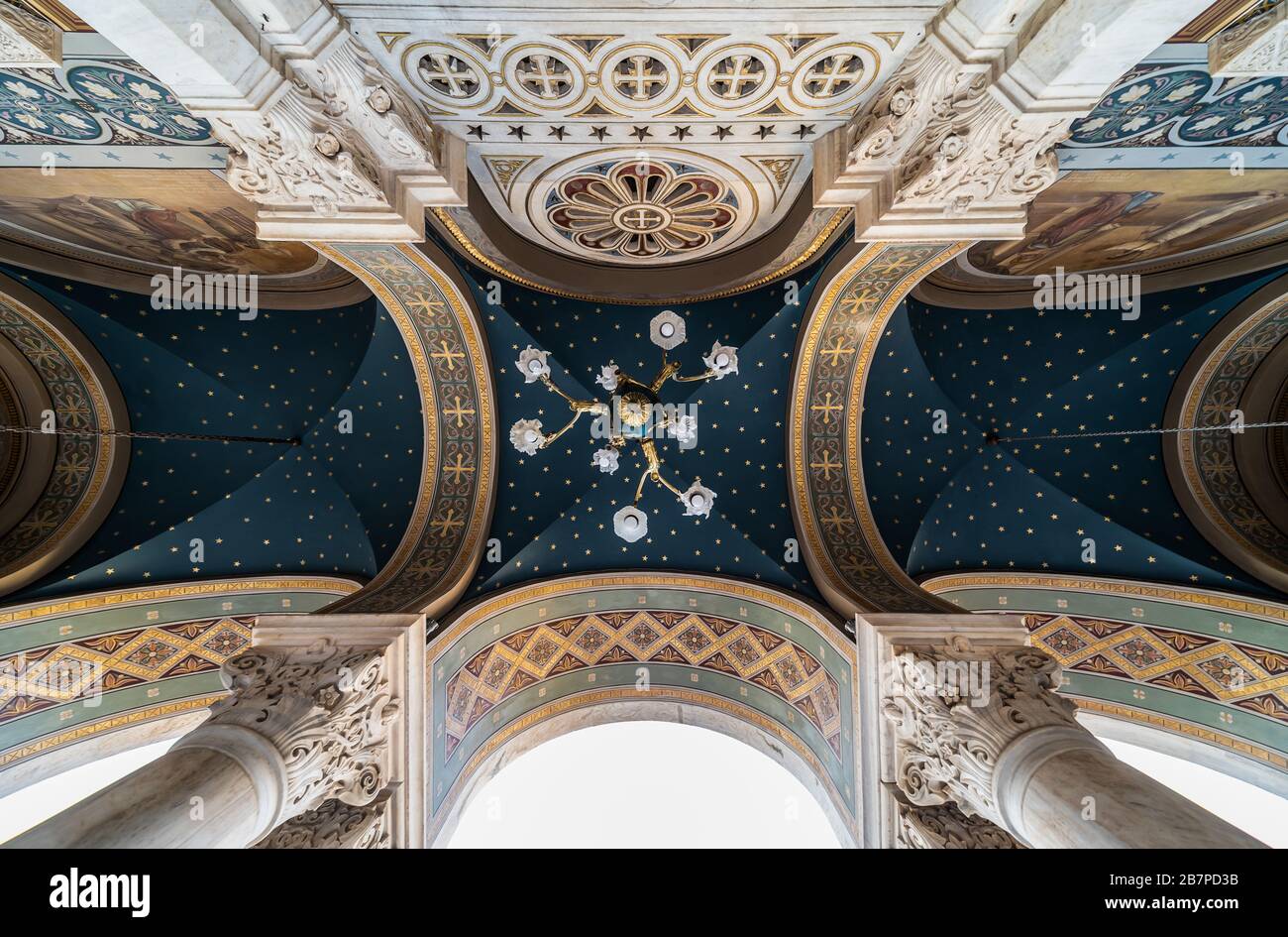 Athens Old Town, Attica/ Greece - 12 28 2019: Decorated ceiling and pillars of the entrance of the Metropolitan Cathedral of Athens Stock Photo