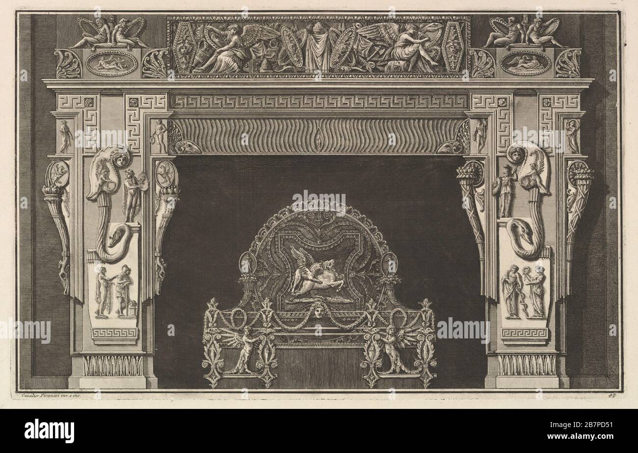 Chimneypiece: Frieze of trophies and winged Victories on the lintel, with cornucopias to either side of the jambs decorated with varied reliefs (Ch. d&#xe9;cor&#xe9;e d'une grecque), from Diverse Maniere d'adornare i cammini ed ogni altra parte degli edifizi...(Different Ways of ornamenting chimneypieces and all other parts of houses), ca. 1769. Stock Photo