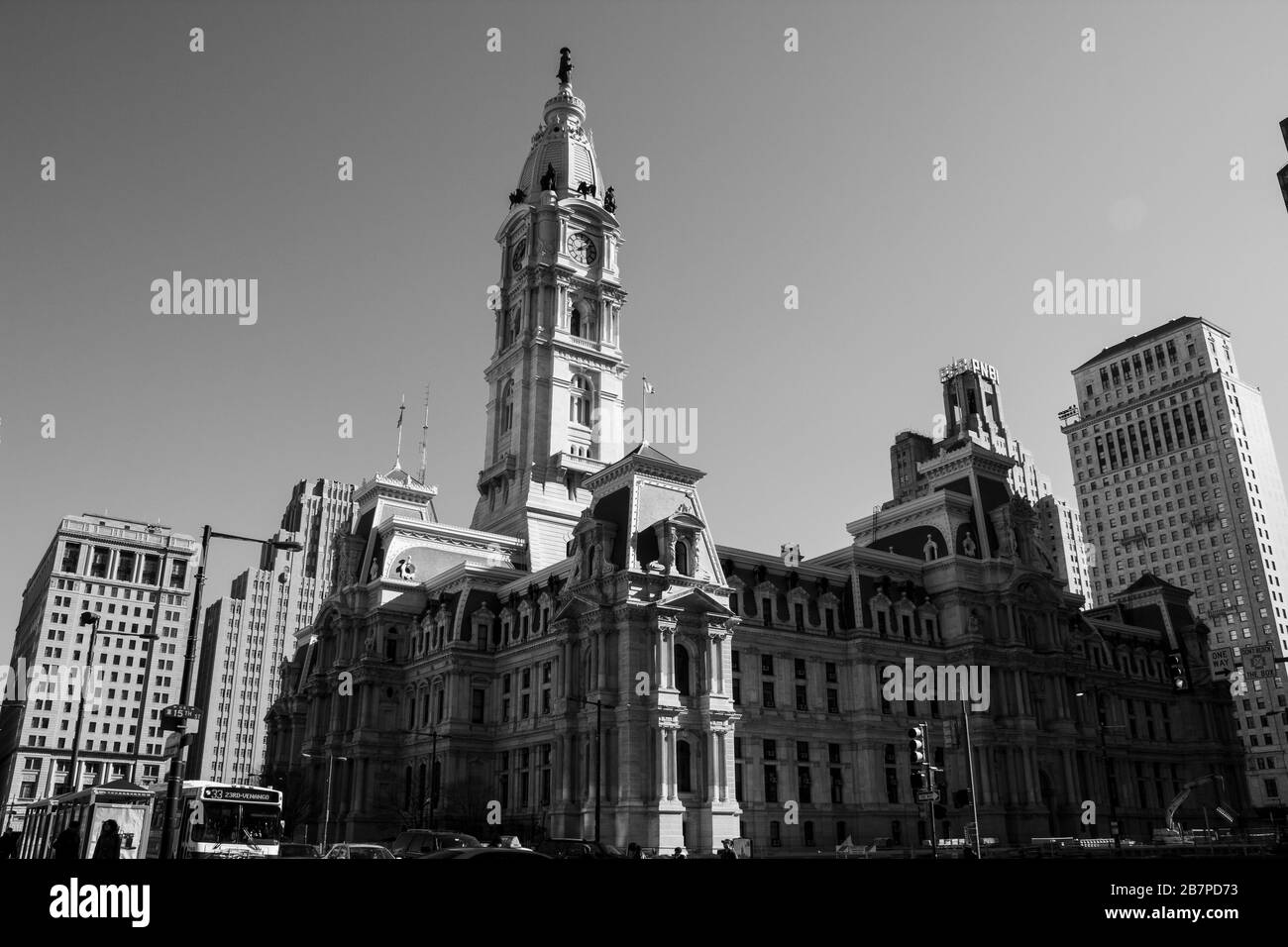 Philadelphia City Hall in Monochrome, Wide Angle Stock Photo