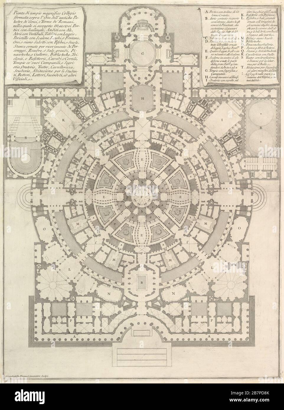 Plan of a spacious and magnificent College designed after the ancient gymnasia of the Greeks and the baths of the Romans..., from Opere Varie di Architettura, prospettive, grotteschi, antichit&#xe0;; inventate, ed incise da Giambattista Piranesi Architetto Veneziano (Various Works of Architecture, perspectives, grotesques and antiquities; designed and etched by Giambattista Piranesi, Venetian Architect), 1750. Stock Photo