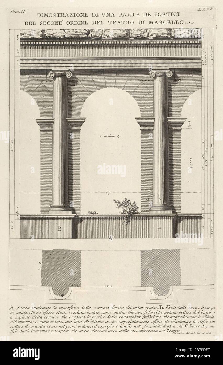 Elevation and plan of the second-order portico at the Theater of Marcellus (Teatro di Marcello), Rome, from the series 'Le Antichit&#xe0; Romane', 1756. Stock Photo