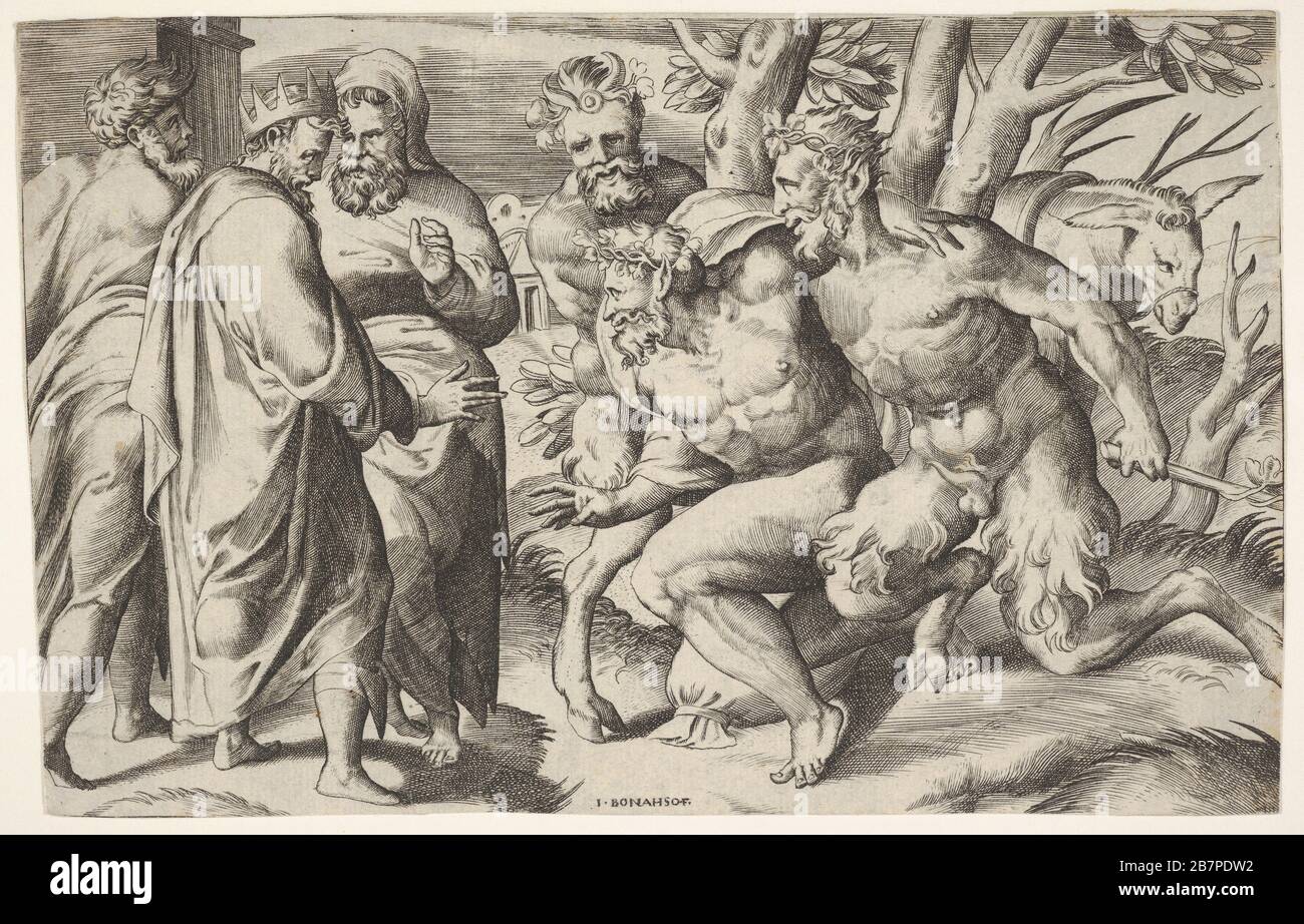 Two satyrs leading Silenus to King Midas, who stands at left with two male attendants, a mule trails behind the satyrs, ca. 1550-80. Stock Photo