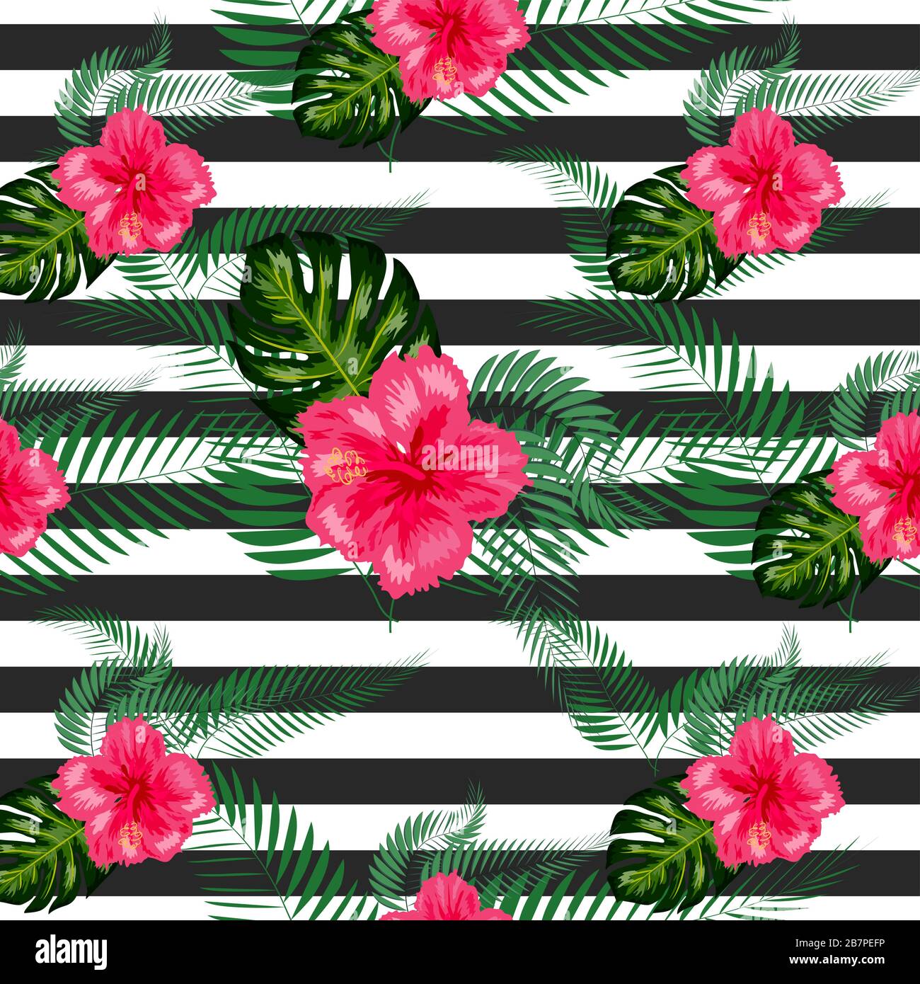 tropical illustration monstera plants leaves flowers hibiscus seamless ...