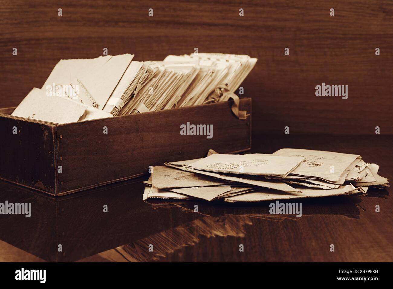 Stack of the old postal paper letters in the box Stock Photo