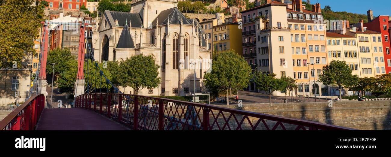 View of old Lyon with red footbridge, France Stock Photo