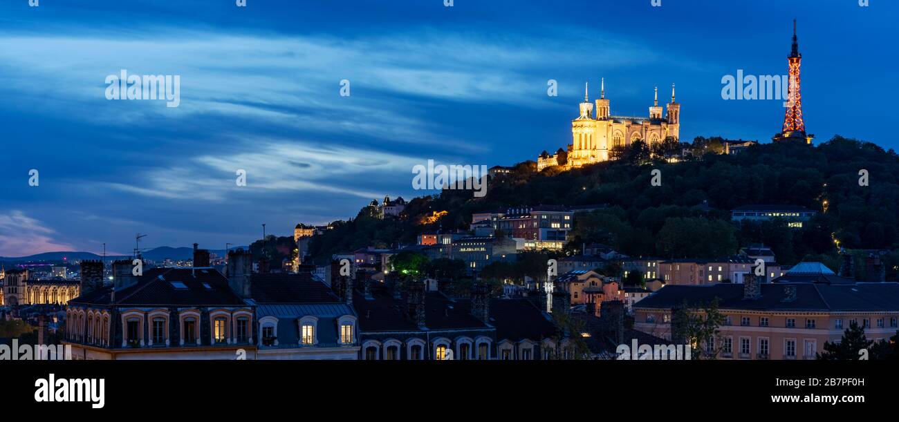 View of Lyon and basilique de fourviere by night, France Stock Photo