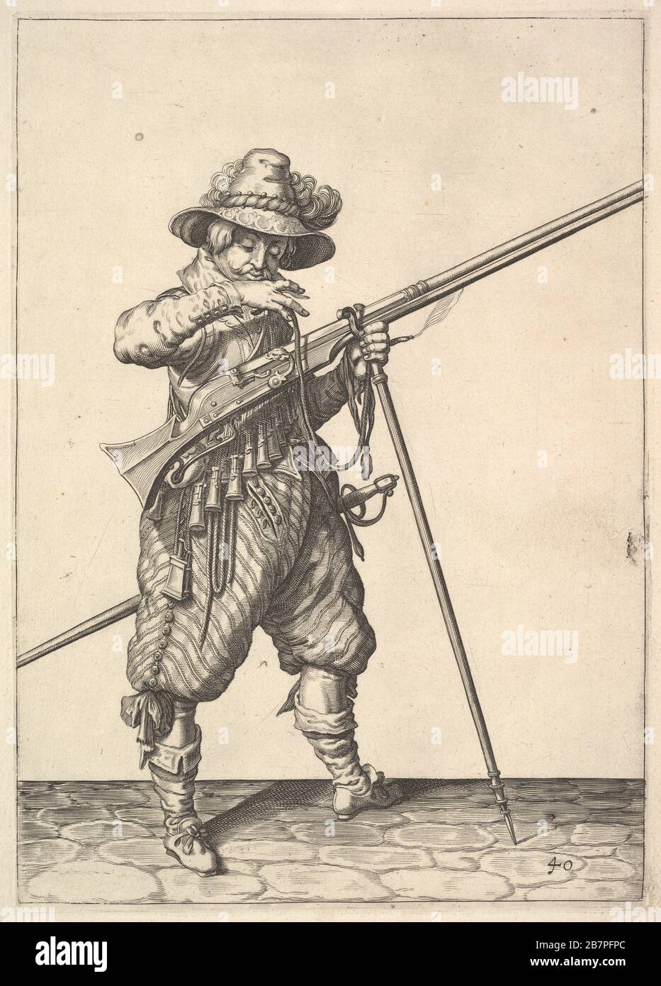 A soldier blowing on a match, from the Musketeers series, plate 40, in Wapenhandelinghe van Roers Musquetten Ende Spiessen (The Exercise of Arms). Stock Photo