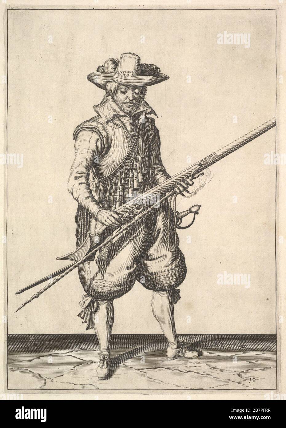 A soldier shaking the powder from the top of the pan, from the Musketeers series, plate 19, in Wapenhandelinghe van Roers Musquetten Ende Spiessen (The Exercise of Arms). Stock Photo