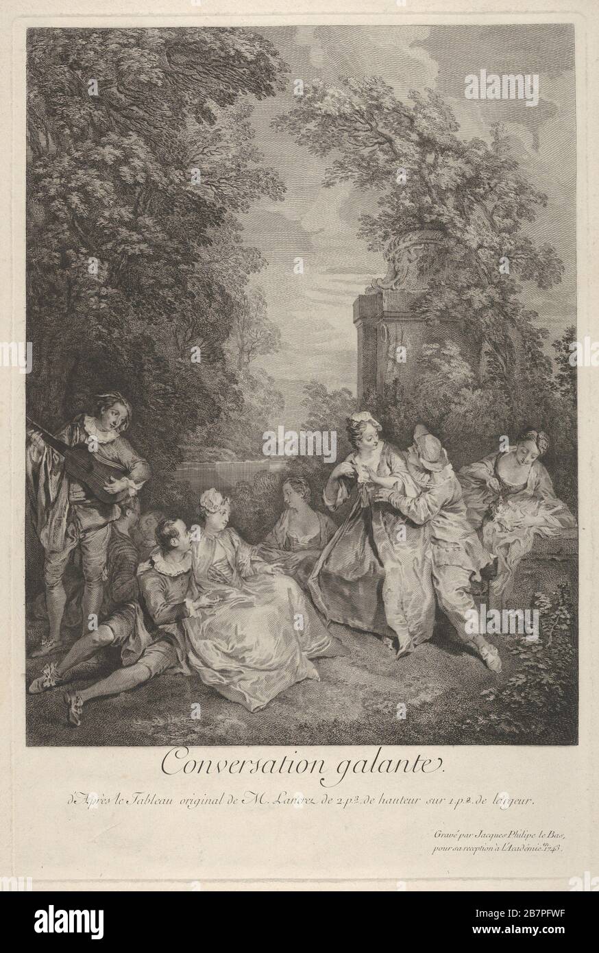 Gallant conversation' (Conversation galante): couples engage in conversation in a garden setting, at left a musician plays for the group, at right a woman holds a reclining lap dog, 1743. After Nicolas Lancret Stock Photo