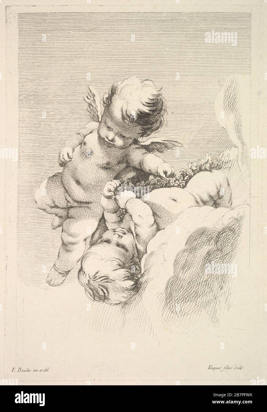 Two Cupids, One Holding a Wreath, mid to late 18th century. After Francois Boucher Stock Photo