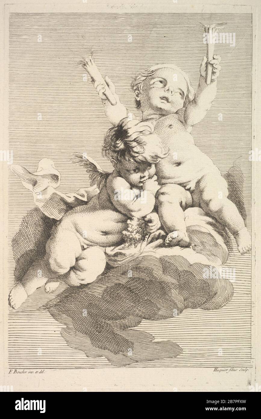 Two Cupids, One Holding Torches, mid to late 18th century. After Francois Boucher Stock Photo