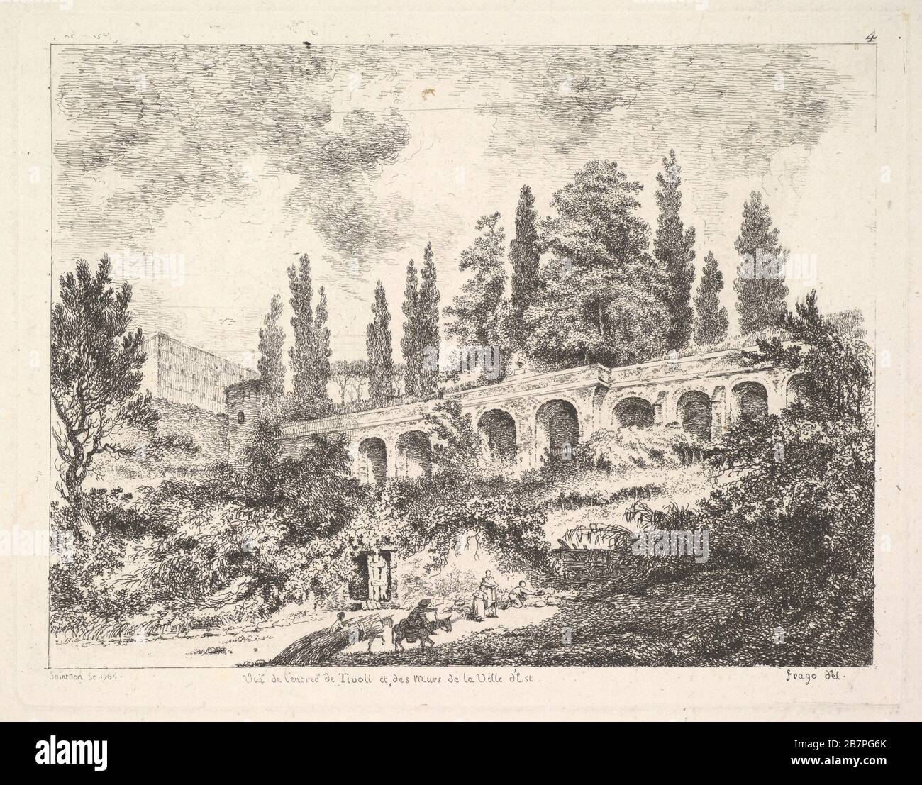 View of the entrance to Tivoli and the walls of the Villa d'Este, horsemen approaching the entrance at bottom center, arched entrance in the middleground, cyrus trees and other plants surrounding, 18th century. After Jean Honor&#xe9; Fragonard Stock Photo