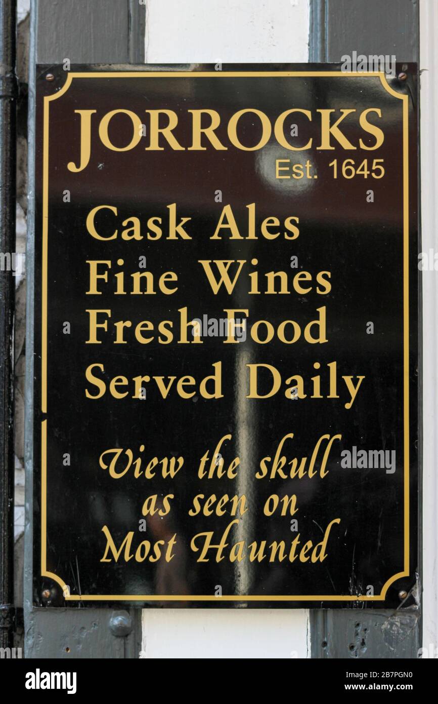 Sign of Jorrocks pub, said to be haunted by poltergeist activity, in Derby, England, Great Britain, United Kingdom Stock Photo