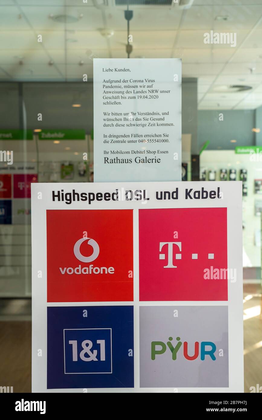 Effects of the coronavirus pandemic in Germany, Essen, closed Telekom shop, Stock Photo