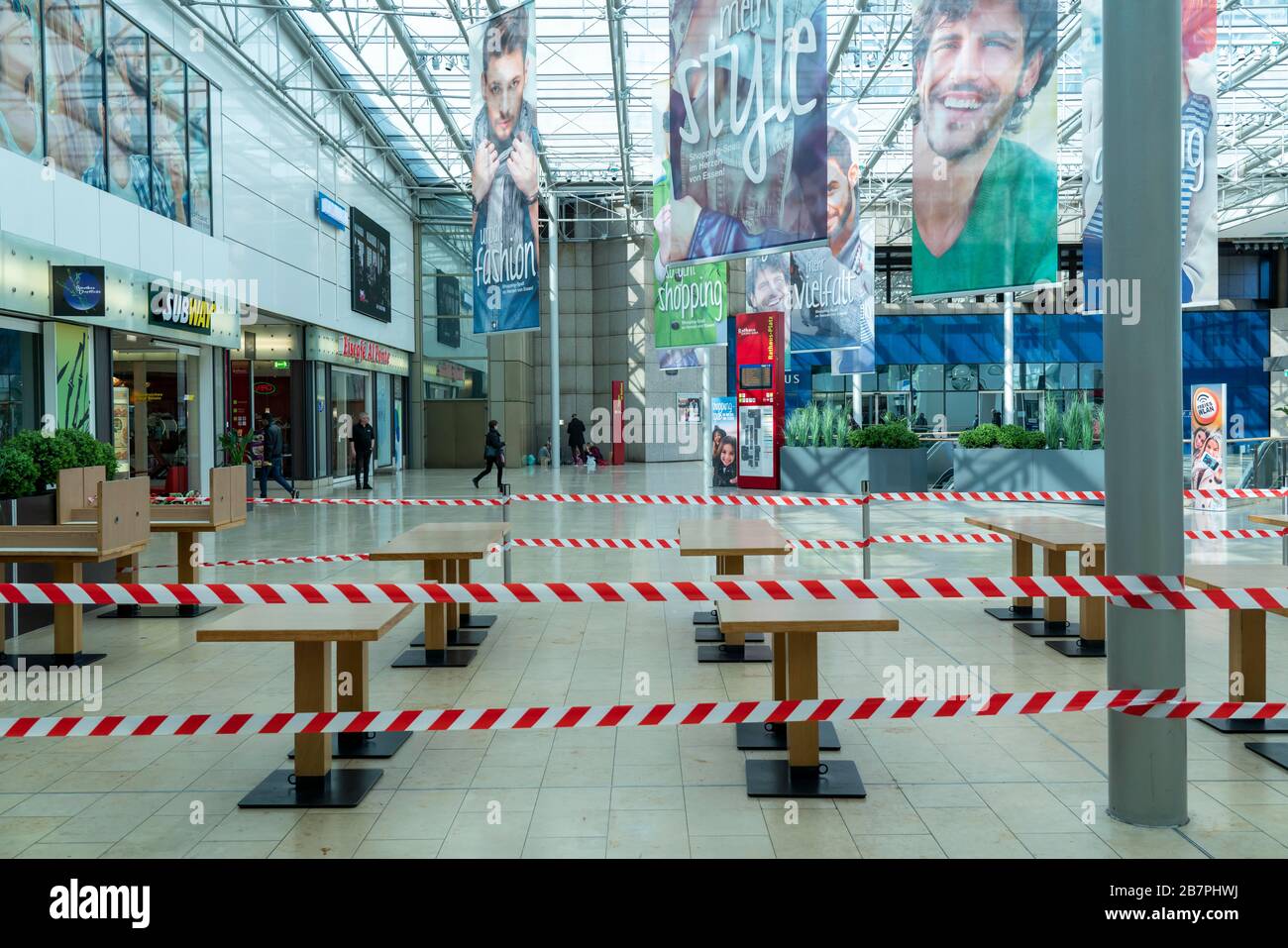 Effects of the coronavirus pandemic in Germany, food, shopping centre Rathaus Galerie, cordoned-off areas, seating, dining tables for fast food restau Stock Photo
