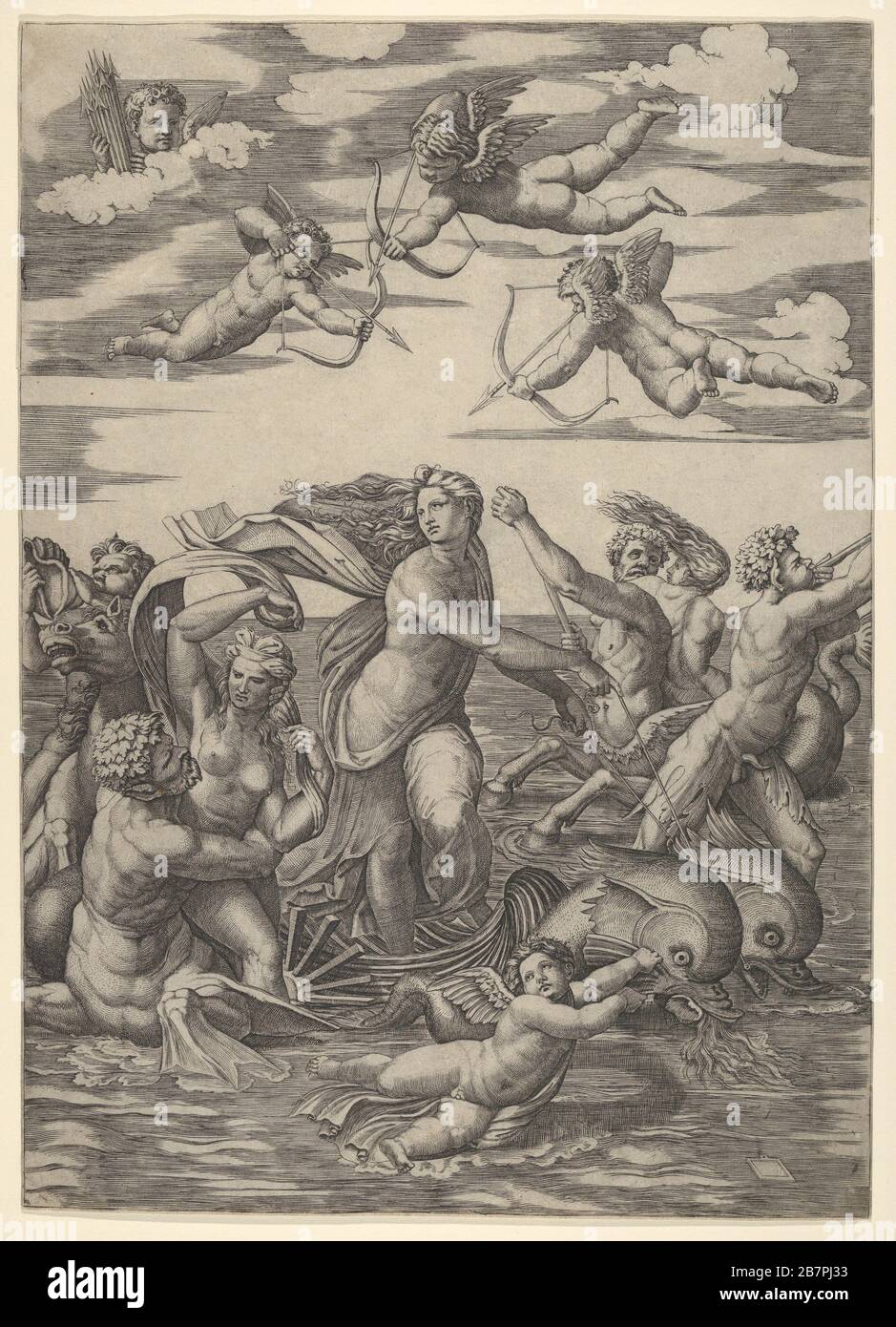 Galatea standing in a water-chariot pulled by two dolphins, surrounded by tritons, nereids, and putti, three of which prepare to shoot arrows from above, 1515-16. Stock Photo