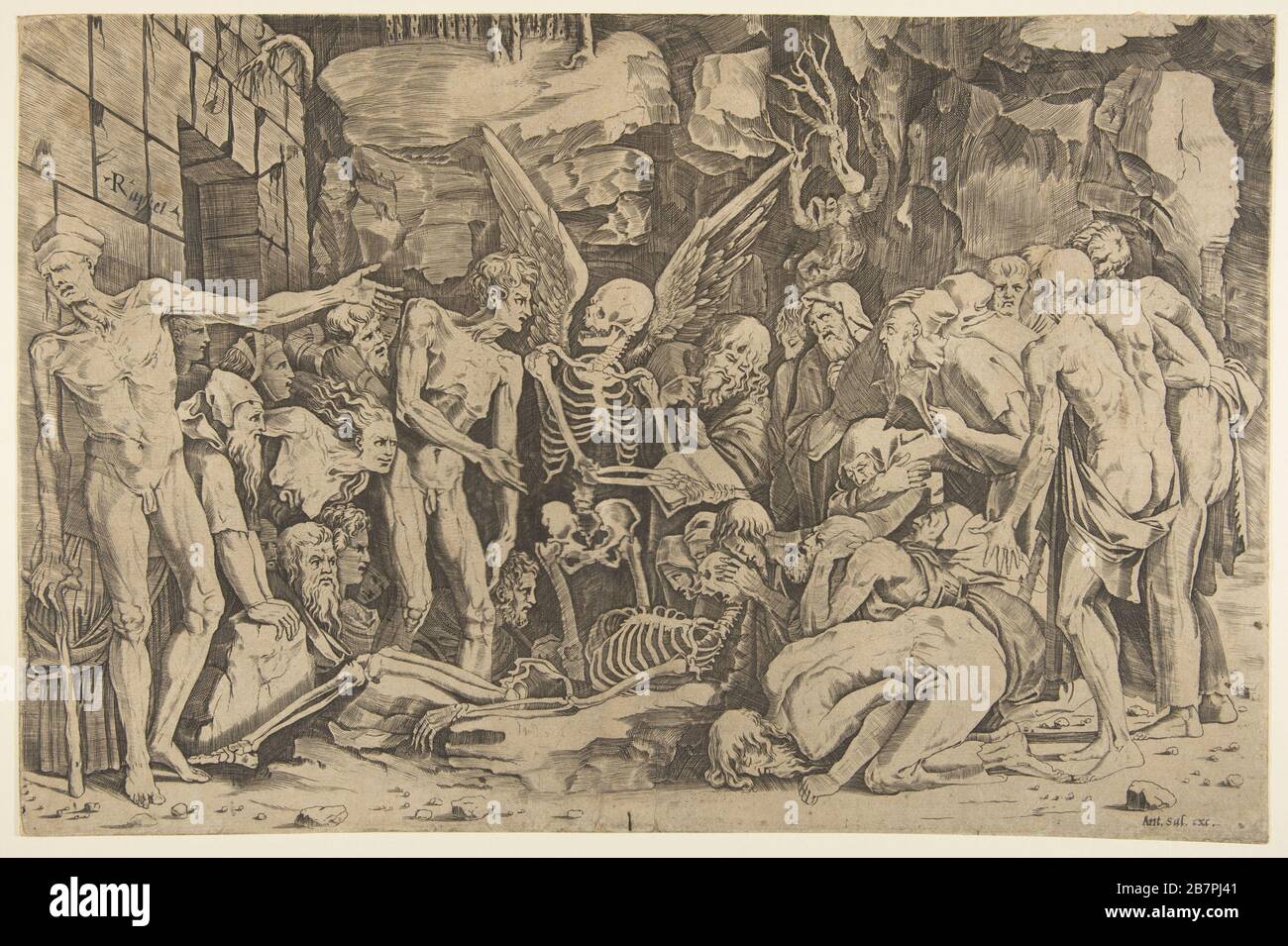 The Skeletons, a group of emaciated men and women gathered around a skeleton laid on the ground and a figure of Death as a winged skeleton standing above it holding an open book, 1515-27. Stock Photo