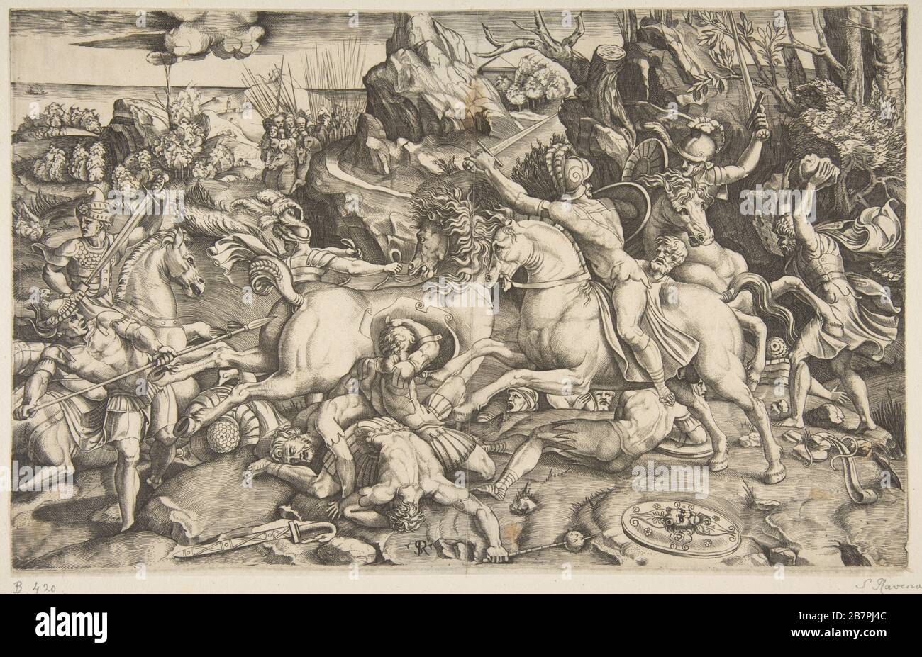 Battle scene in a landscape with soldiers on horseback and several fallen men, another group of riders in the background, ca. 1520. Stock Photo