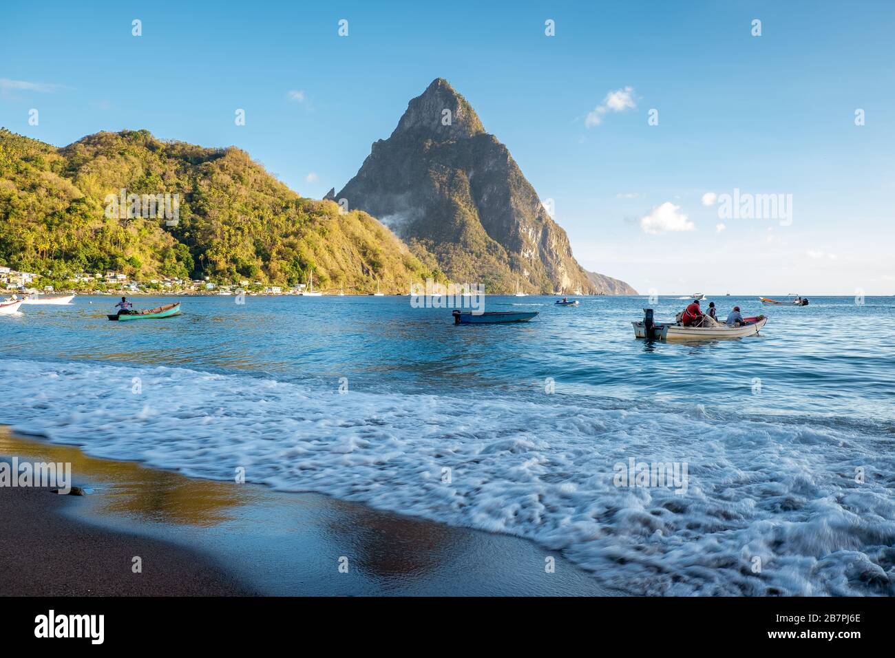 Saint Lucia Caribbean Island, huge Piton mountains at the beach of