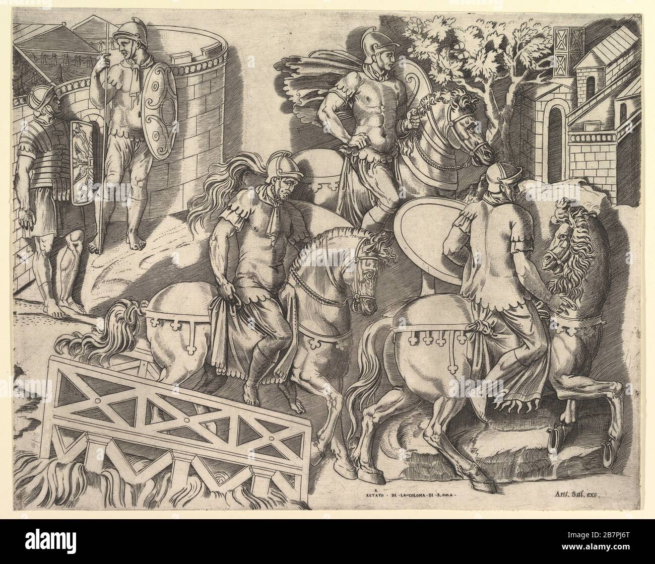 Speculum Romanae Magnificentiae: Roman Horsemen Crossing a Bridge (from Trajan's Column), 16th century. Stock Photo