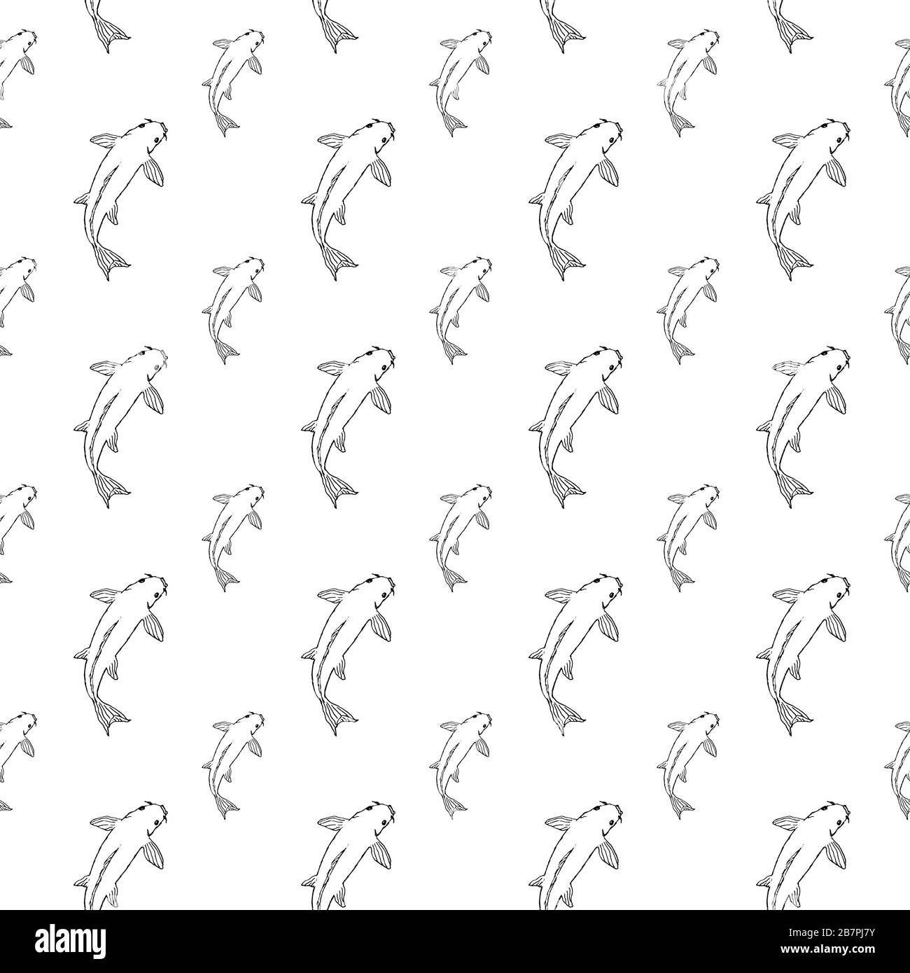 Koi fish seamless pattern. Hand drawing sketch. Black outline on white background. Vector illustration can be used in greeting cards, posters, flyers, banners, logo, further design etc. EPS10 Stock Vector