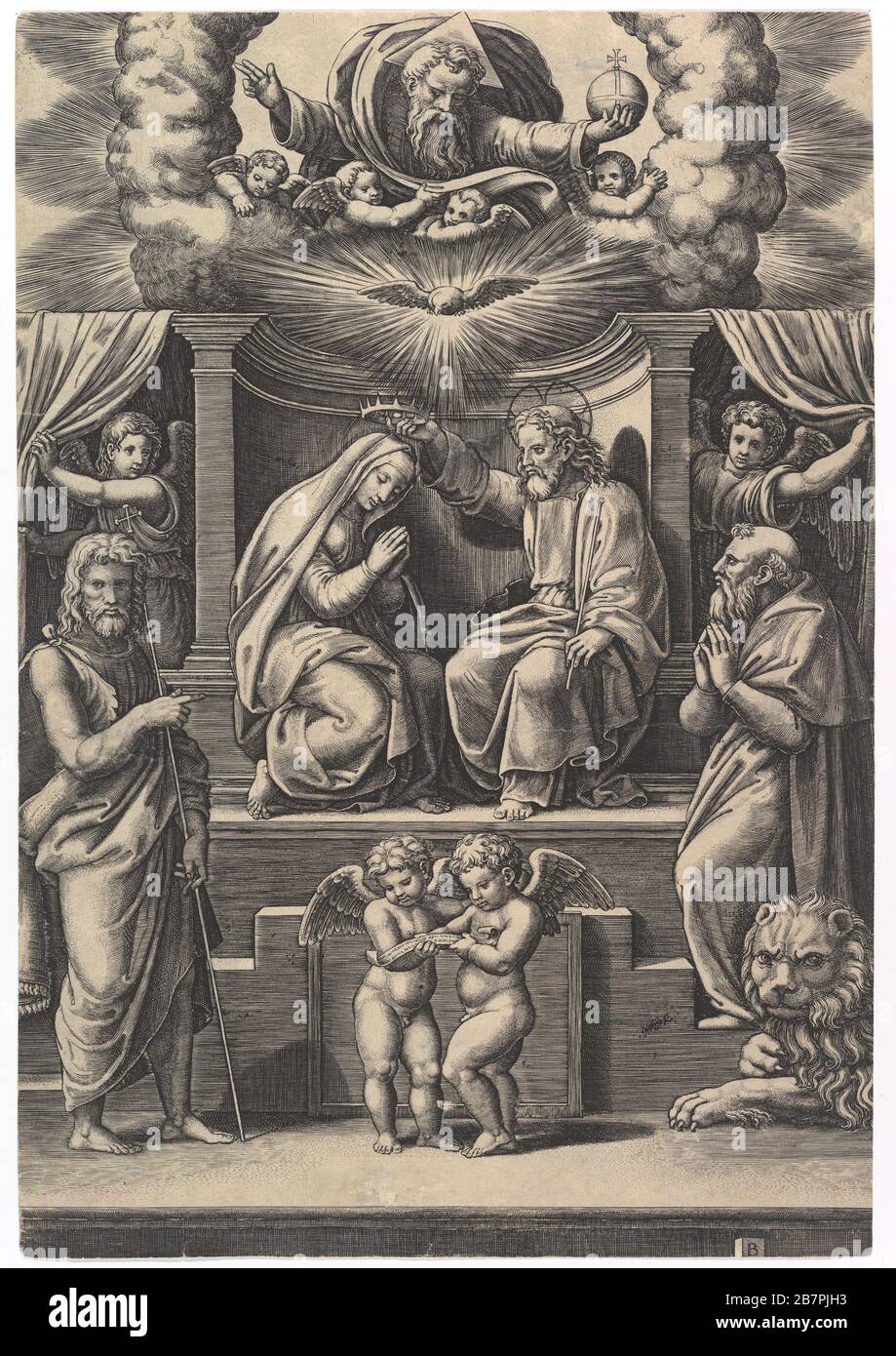 The Coronation of the Virgin, at lower left stands St John the Baptist, at lower right St Jerome, God the father above, 1530-60. Stock Photo