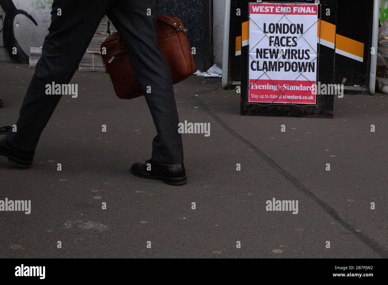 London, UK. 17th Mar, 2020. A newspaper headline is seen at Waterloo station. Credit: Thabo Jaiyesimi/Alamy Live News Stock Photo