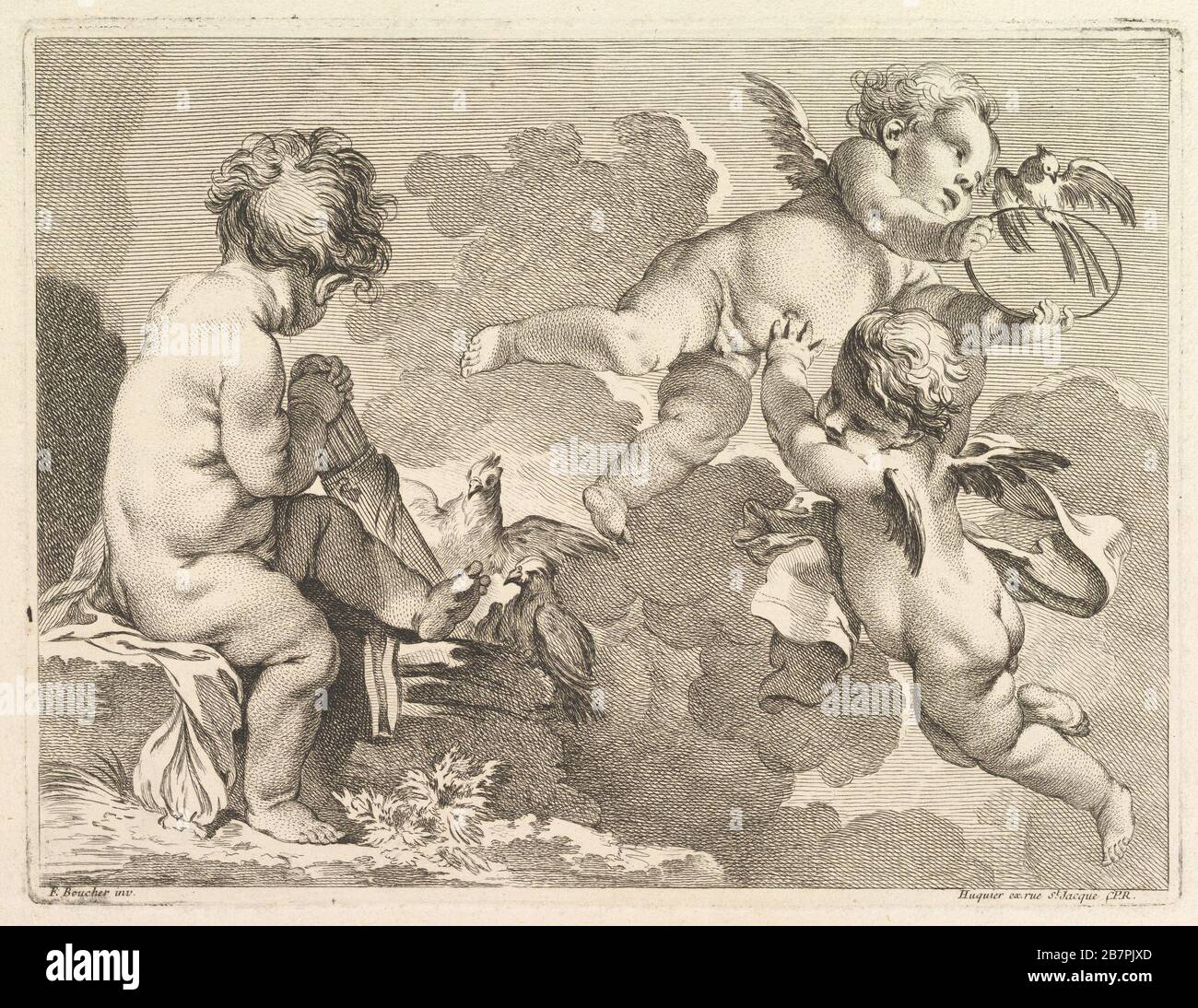 Three Loves, one of which is seated, holding a quiver, 1727-60. Stock Photo