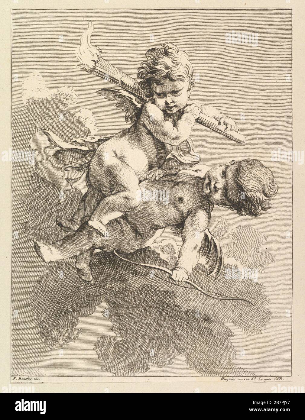 Two Cupids, One Carrying a Torch, Another a Bow, 1727-60. Stock Photo