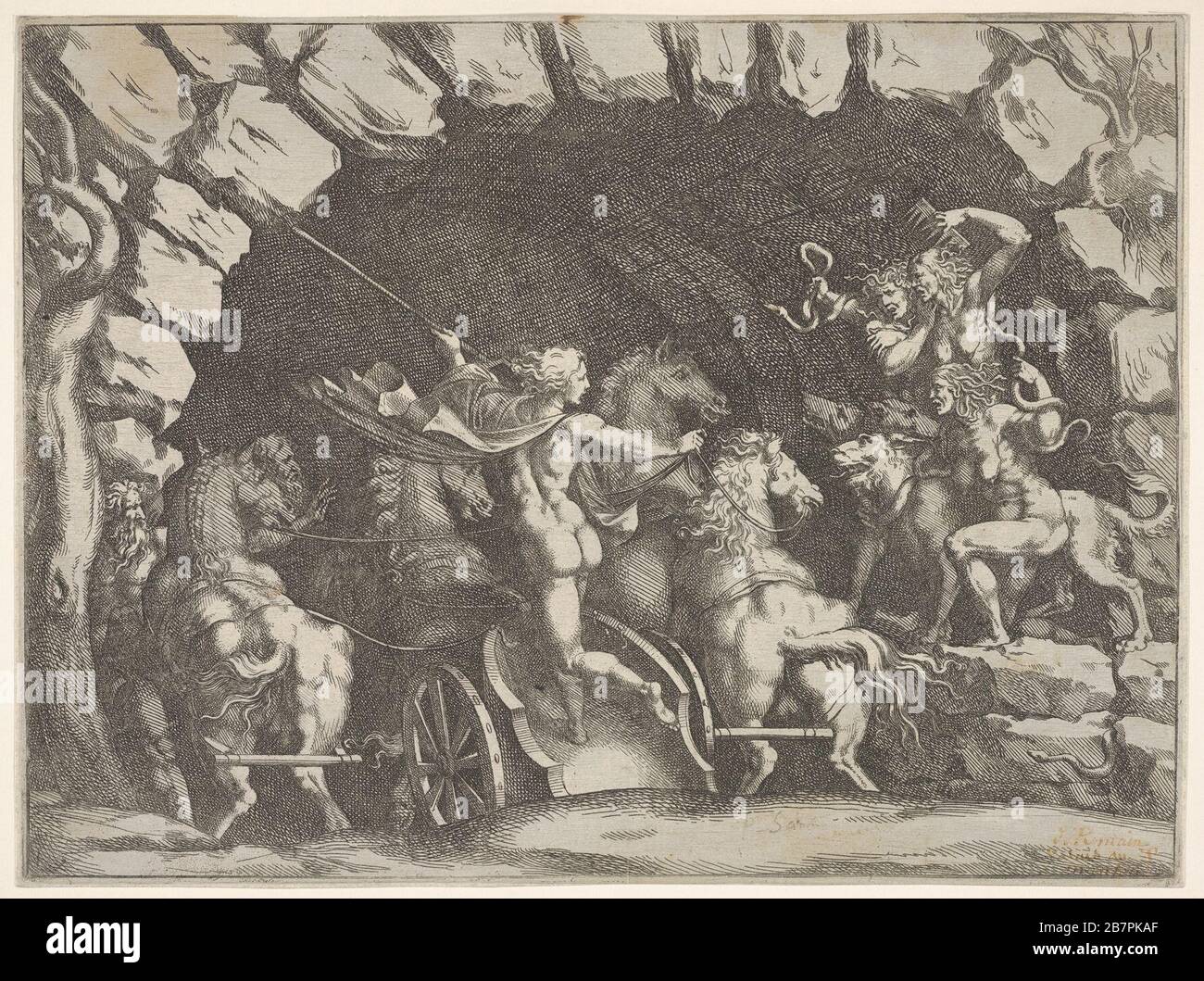 Pluto, seen from behind, entering the Underwold on his chairot, Cereberus and three Furies to right, from 'Giove che fulmina li giganti', after the frescoes on the ceiling of the Sala dei Giganti designed by Giulio Romano for the Palazzo del Te, Mantua, ca. 1680. After Giulio Romano Stock Photo