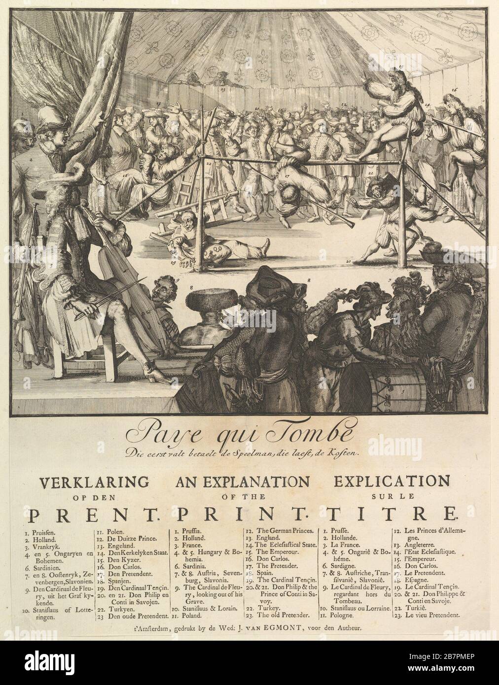 Paye qui Tombe: Die eerst valt betaelt de Speelman, die laest, de Kosten (The Fall of the Country: The First That Falls Pays the Player, the Last the Costs).n.d. Satire of Louis XIV and James II with William III playing a cello Stock Photo